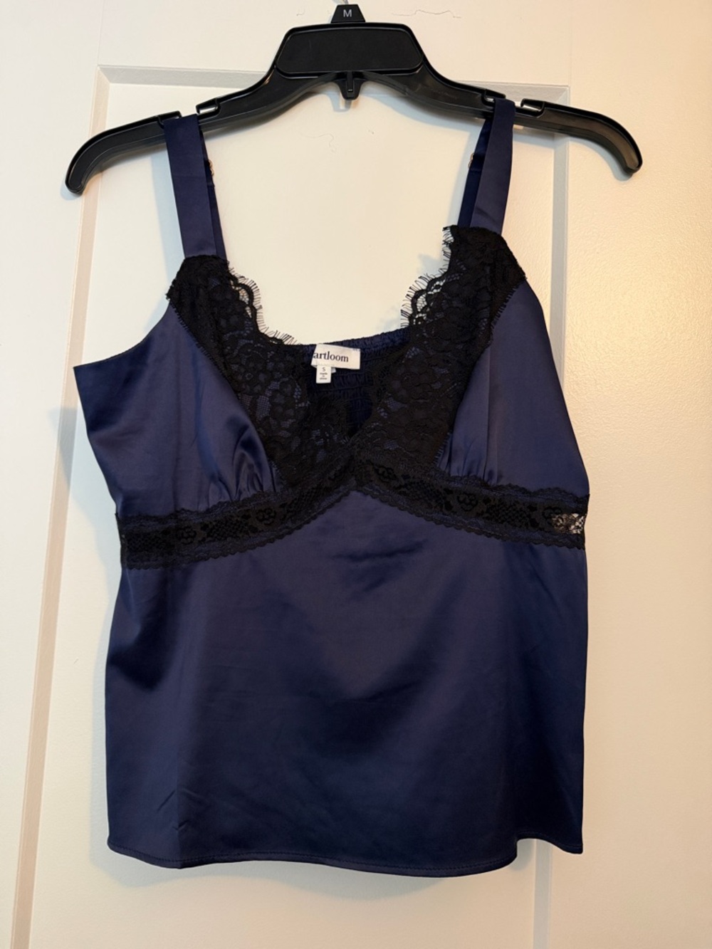 Heartloom Navy Satin Cami with Black Lace Trim
